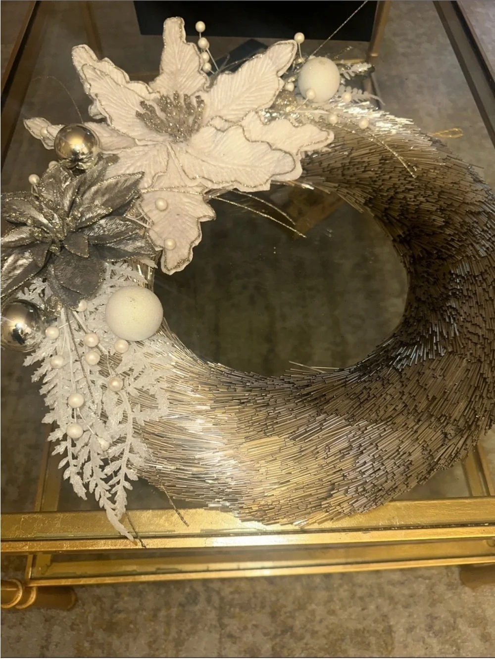 Silver Metallic and White Holiday Wreath - Elegant Wall Décor